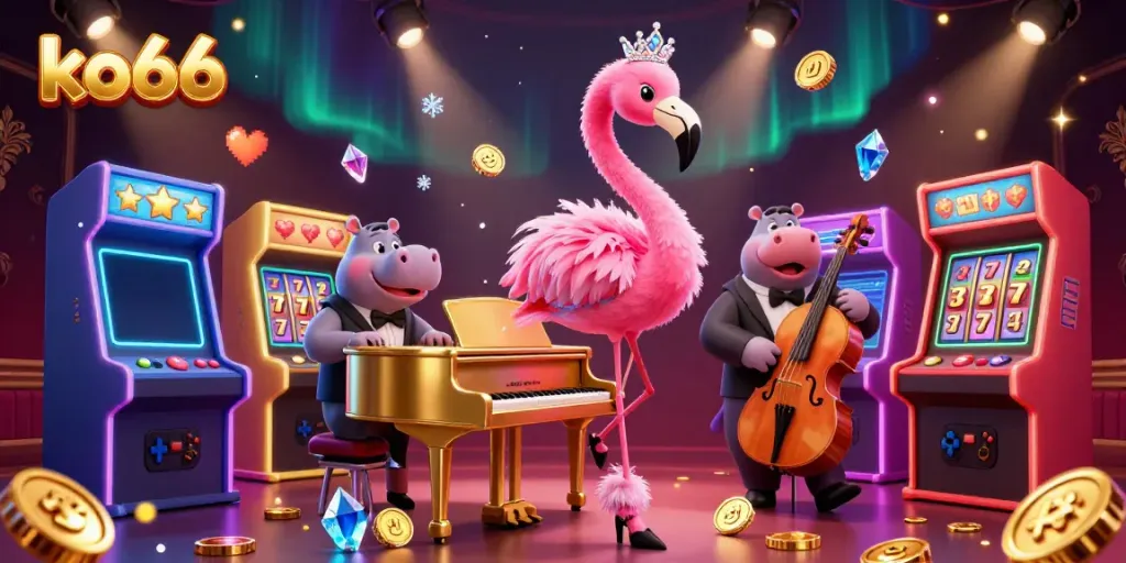 Experience excitement at ko66 with vibrant casino scenes featuring lively characters and engaging slot games.