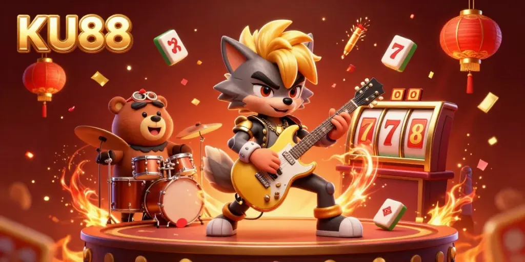 Experience excitement with KU88's animated wolf rock star on a lively casino stage.