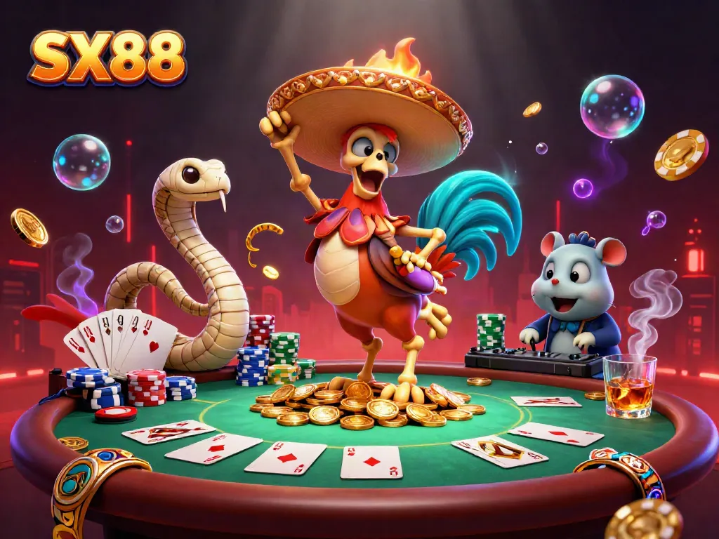SX88 game scene featuring a mariachi rooster celebrating amid poker chips and cards.