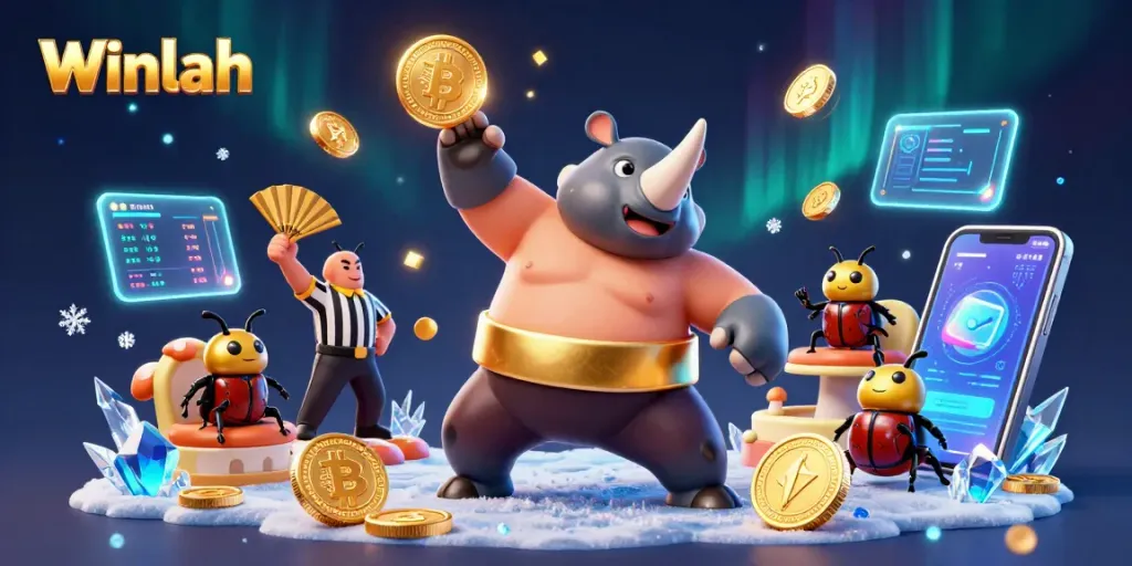 Winlah casino illustration featuring a sumo beetle champion, golden coins, and vibrant crypto elements.