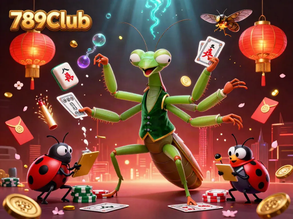 Immerse in 789Club's vibrant atmosphere as a giant praying mantis deals cards, set in a lively casino scene.
