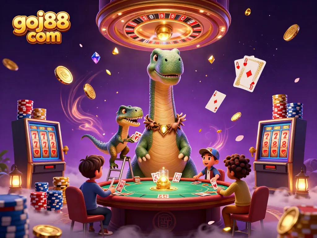 Experience excitement at goj88 com with dinosaurs, golden coins, and a vibrant casino atmosphere.