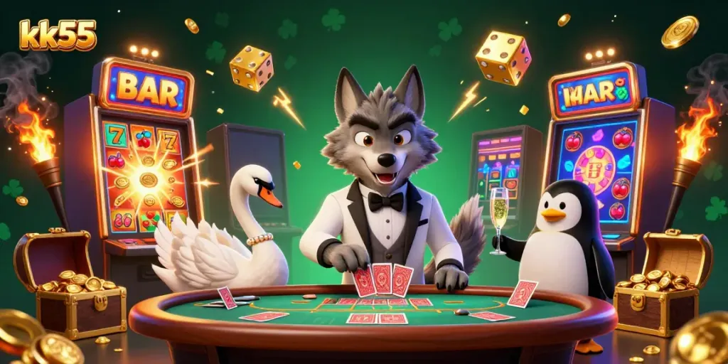 Experience thrilling gaming with kk55 illustrated characters at a vibrant casino table.