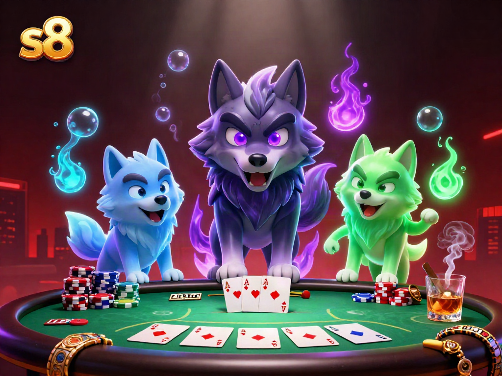 Experience thrilling poker action with s8 in this vibrant casino scene featuring ghostly wolves.
