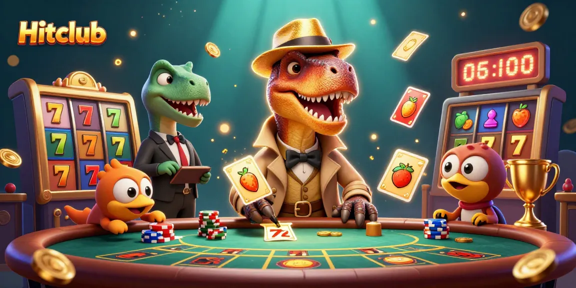 Experience thrilling gameplay at Hitclub with a velociraptor card counter among dazzling slots and jackpots.