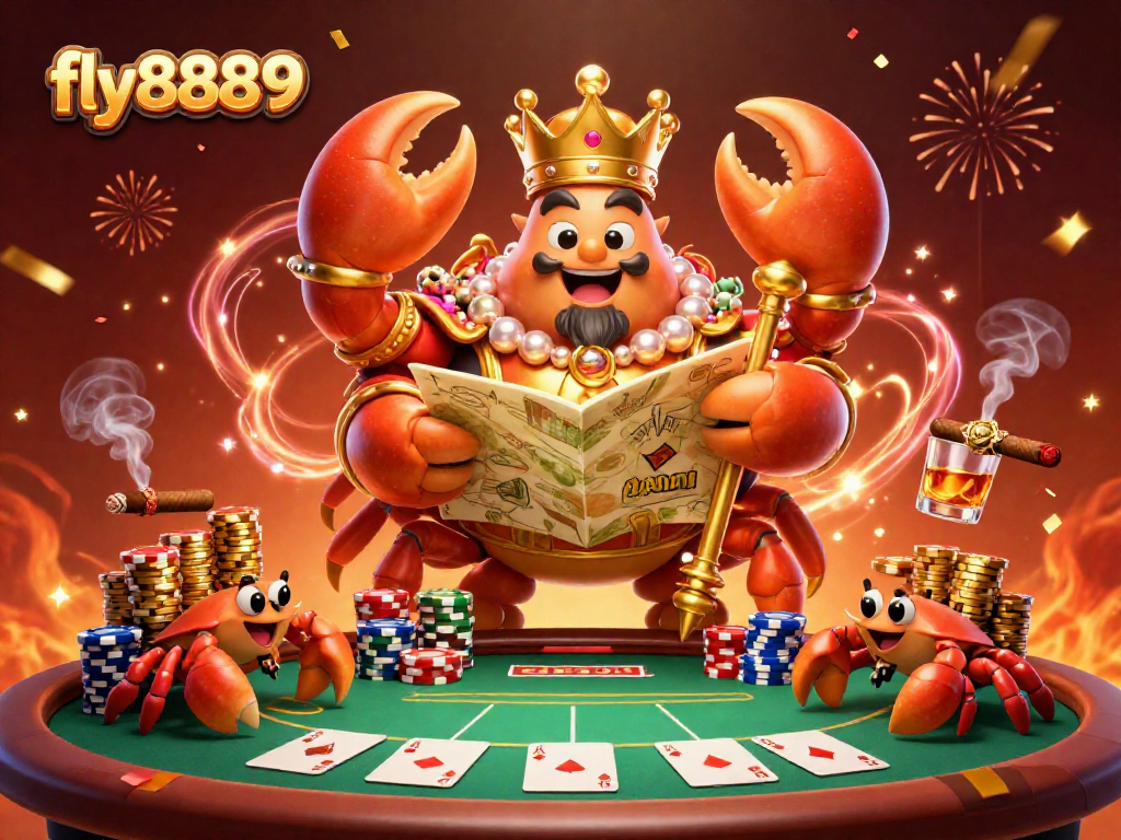 Engage with the vibrant world of fly8889 as the golden crab emperor rules over a thrilling casino scene filled with colorful poker chips.