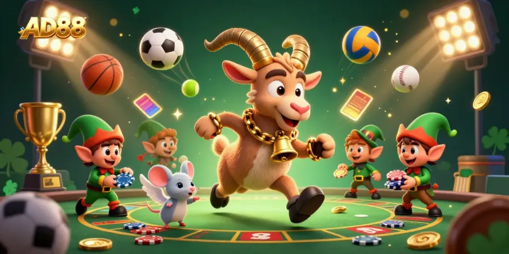 Bet on thrills at AD88 with a 3D Krampus running a festive casino, surrounded by sports action.