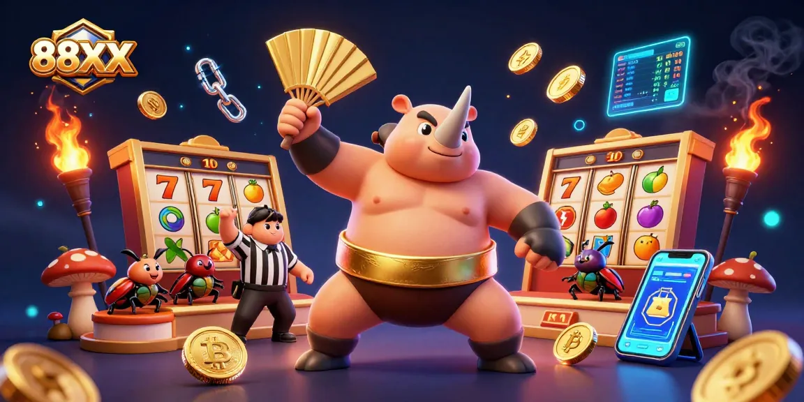Engage in thrilling gameplay with 88XX as a beetle champion celebrates wins amidst gold coins and crypto elements.