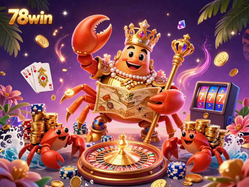 Engage with 78win's thrilling casino adventures featuring a golden crab emperor surrounded by treasures.