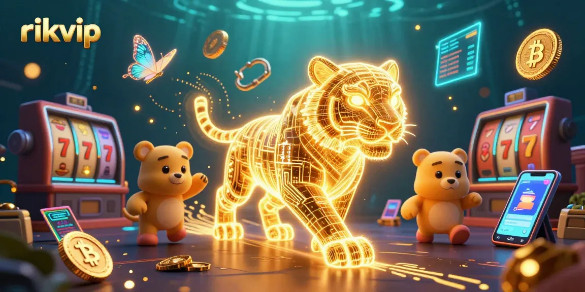 Engage with rikvip's vibrant digital casino experience through a neon 3D illustration.