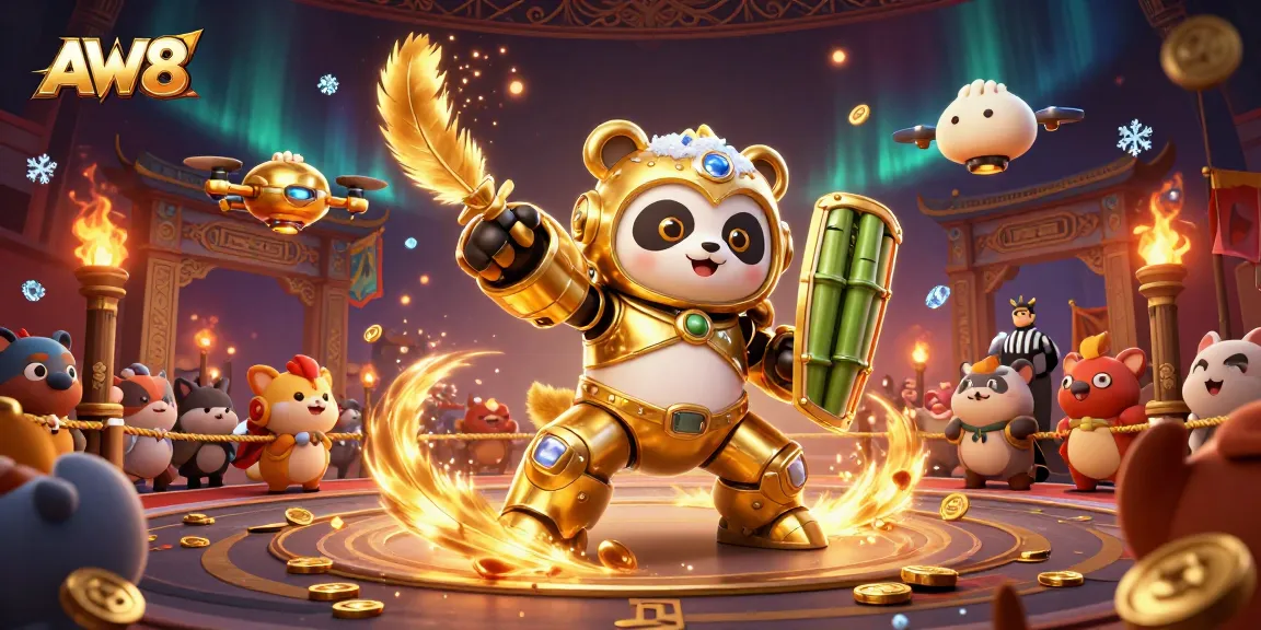 AW8 showcases an exhilarating 3D panda mech battle in a spirited gaming arena filled with gold coins.