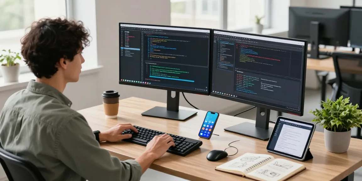 Download Telegram on a developer's workstation with code screens and modern office setup.