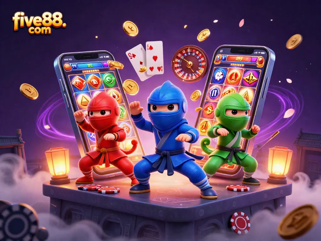 Engage in exciting gameplay at five88. com with a 3D casino illustration showcasing thrilling action and vibrant colors.