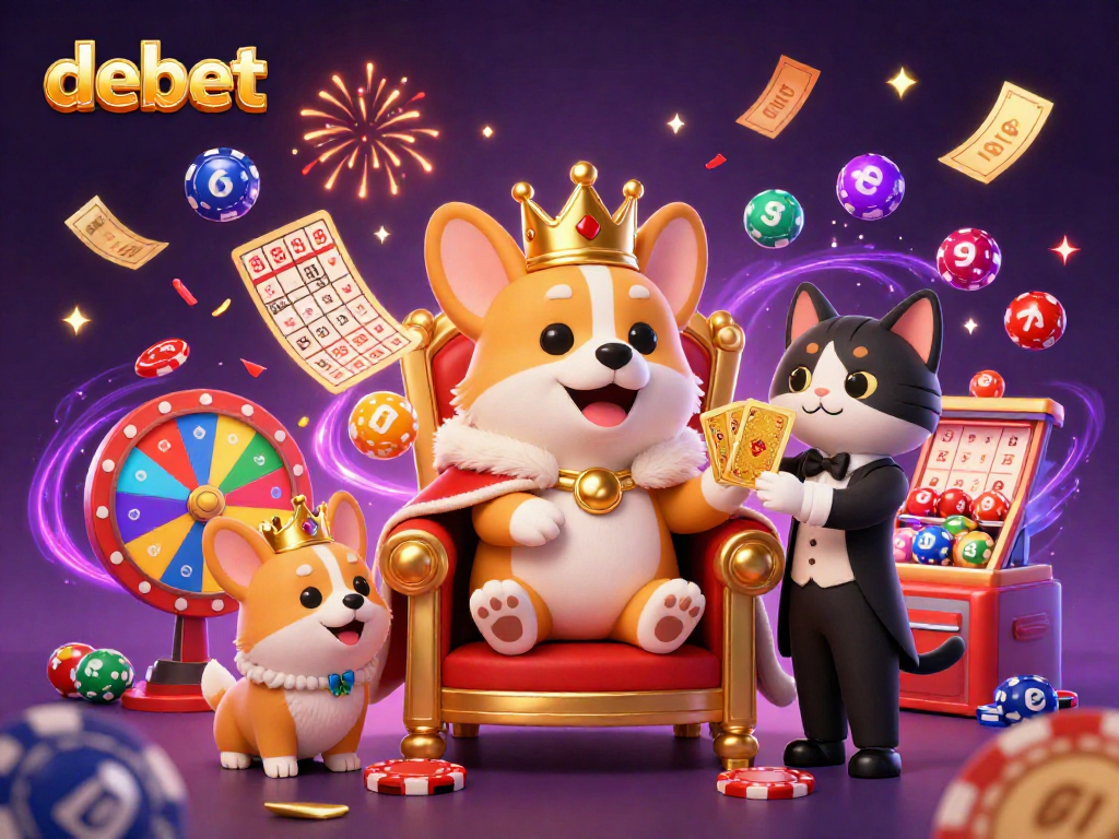 Engage in thrilling lottery fun with debet, showcasing a royal corgi surrounded by vibrant game elements.