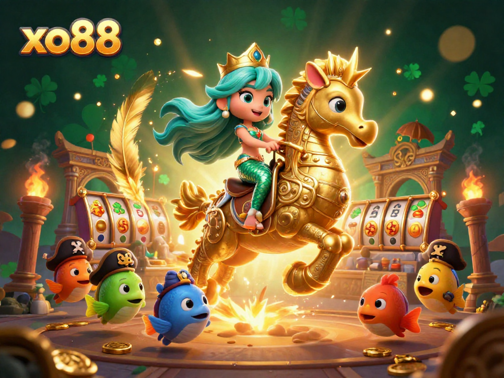 Experience the magical world of xo88 with a vibrant 3D illustration highlighting a mermaid, seahorse, and tropical treasures.