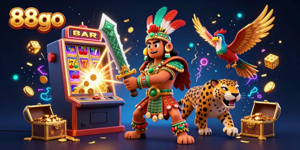 Experience the excitement of 88go with a dynamic illustration showcasing an Aztec warrior and jackpot elements in a rich casino scene.