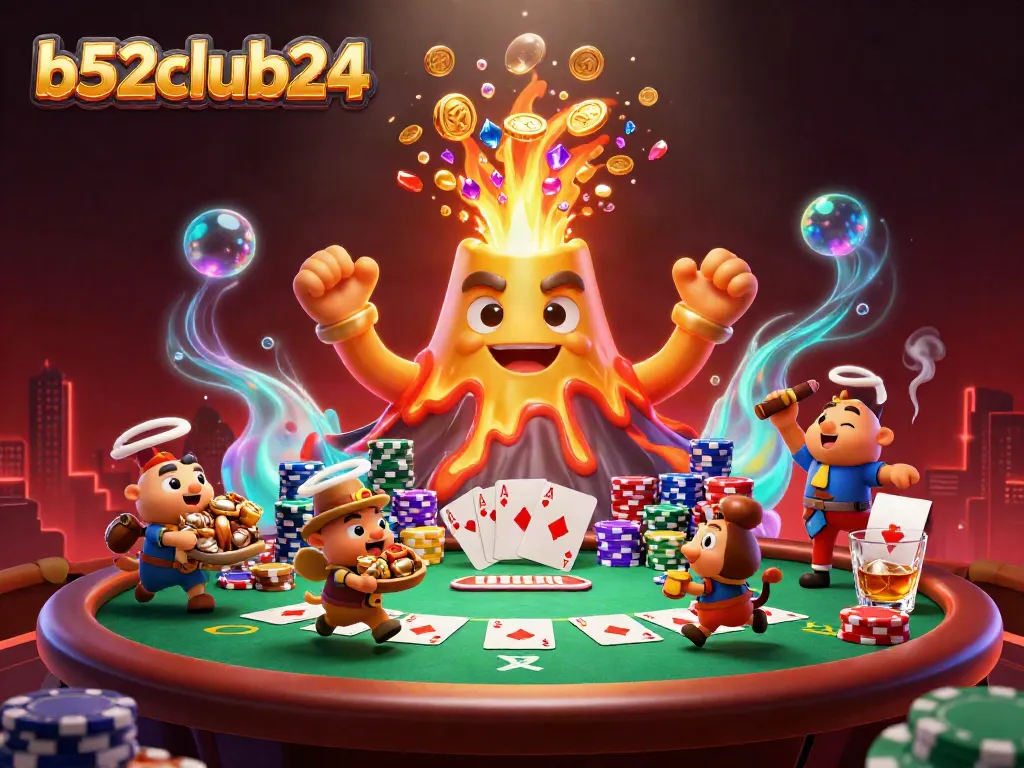 Watch b52club24 players win big with playful characters amid a vibrant casino backdrop.