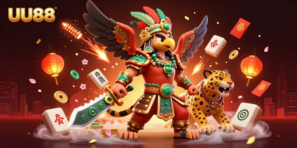 Experience the vibrant energy of gambling with UU88 featuring an Aztec warrior and dynamic elements of online casino games.