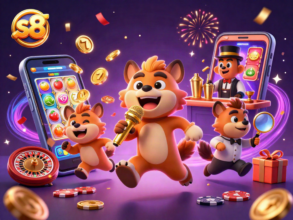 Experience the excitement of s8 with this vibrant 3D casino illustration featuring hyenas at a comedy club.