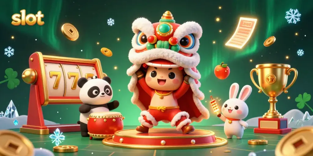 Experience thrilling slot gameplay with dynamic characters and vibrant casino elements in a festive 3D scene.