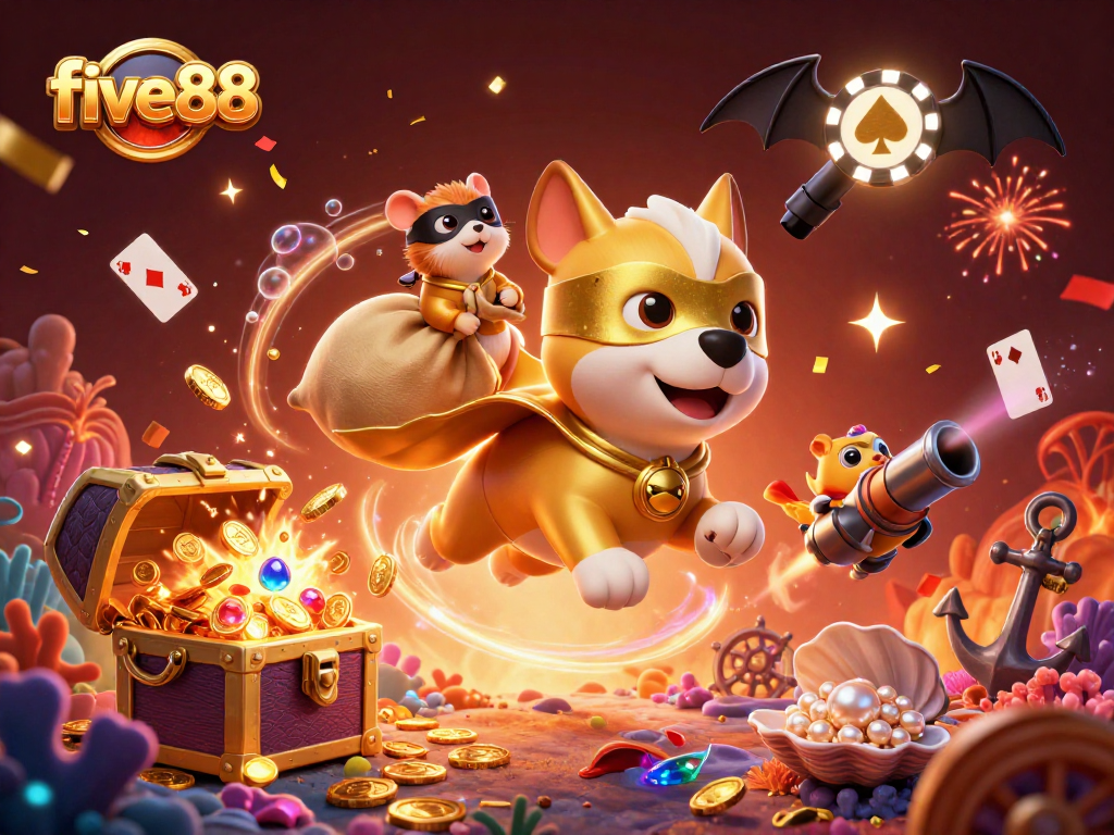 Experience the excitement of five88 with vibrant casino-themed art, showcasing a superhero dog and playful hamster!