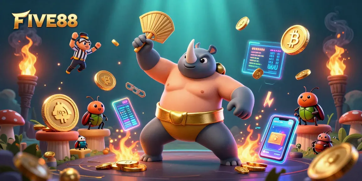 FIVE88 engages gamblers with a dynamic scene featuring a beetle champion amidst dazzling coins.