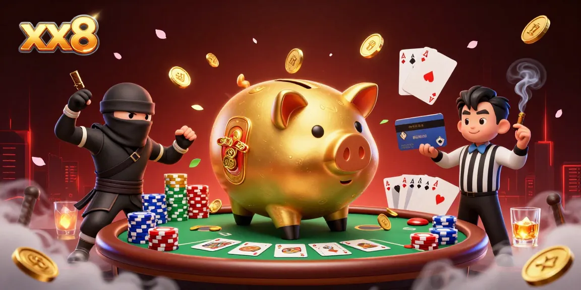 Engage with xx8 casino in a vibrant 3D illustration showcasing a golden piggy bank sumo wrestler and card elements.