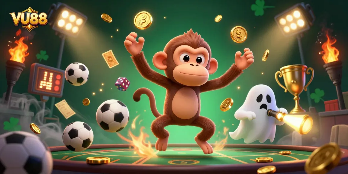 Experience thrilling gameplay with VU88, featuring a poltergeist monkey and a curious puppy amidst dynamic casino elements.