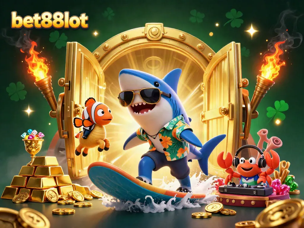 Experience vibrant gaming at bet88slot with a whimsical shark surfing gold coins in a bustling casino scene.