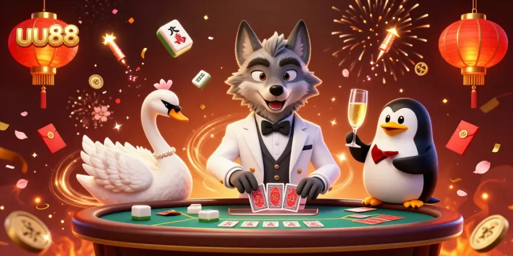 Experience the thrill of casino games with uu88, featuring a baccarat table and unique characters in a vibrant scene.