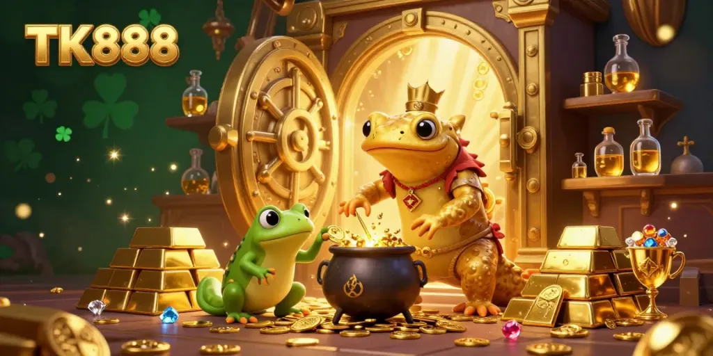 Bet on TK888 with a magical scene of winning gold coins and riches overflowing in a vibrant casino.
