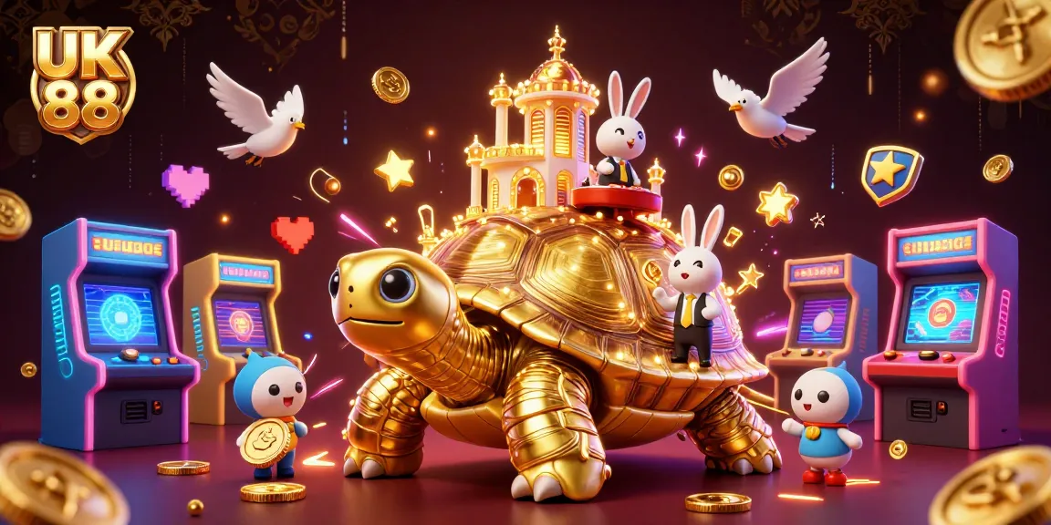 Engage with exciting games at UK 88, featuring a golden tortoise casino and vibrant elements.