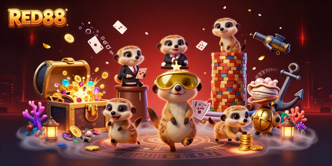 Experience the vibrant RED88 casino scene with a busy meerkat colony managing games and sneaking chips.