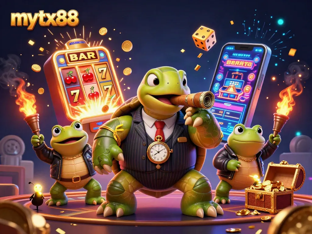 Experience thrilling gameplay at mytx88 with cartoon characters amidst an exciting casino scene.