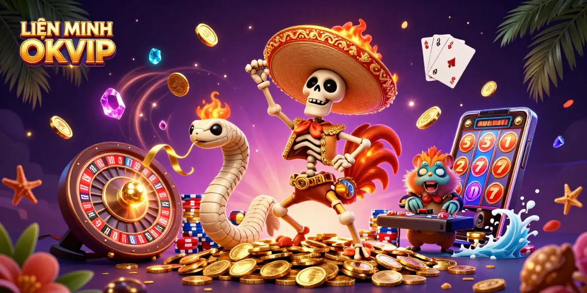 Experience fun and excitement at the LIÊN MINH OKVIP online casino with vibrant gaming illustrations.