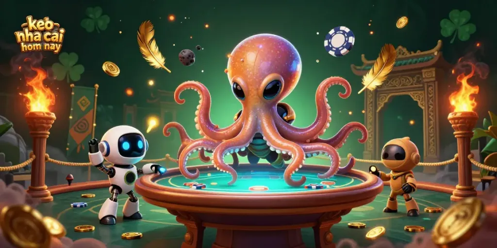 Engage with keo nha cai hom nay in a vibrant 3D illustration featuring a unique alien octopus managing a poker game.