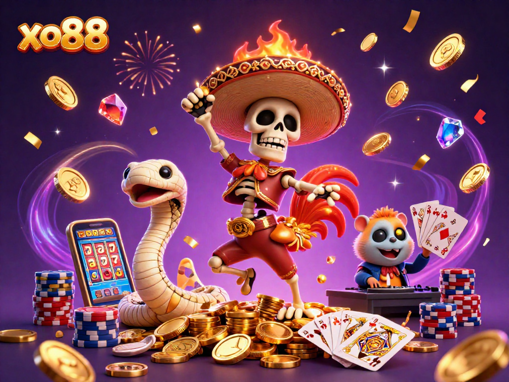Celebrate with the vibrant xo88 jackpot as cartoon characters dance among flying coins and festive elements.