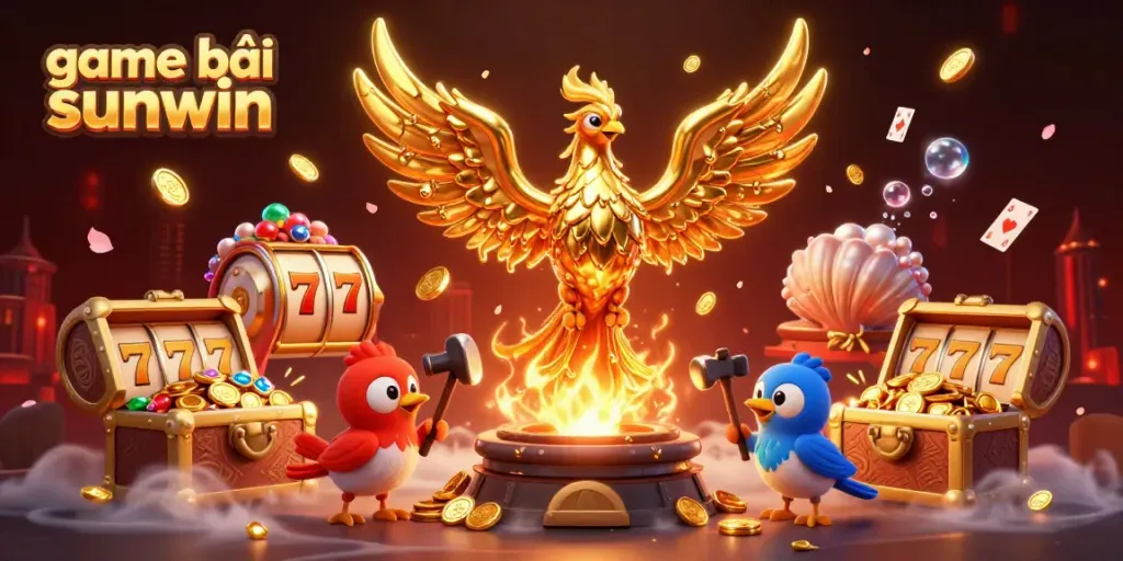 Experience the thrilling game bài sunwin with a majestic golden phoenix and vibrant casino elements.