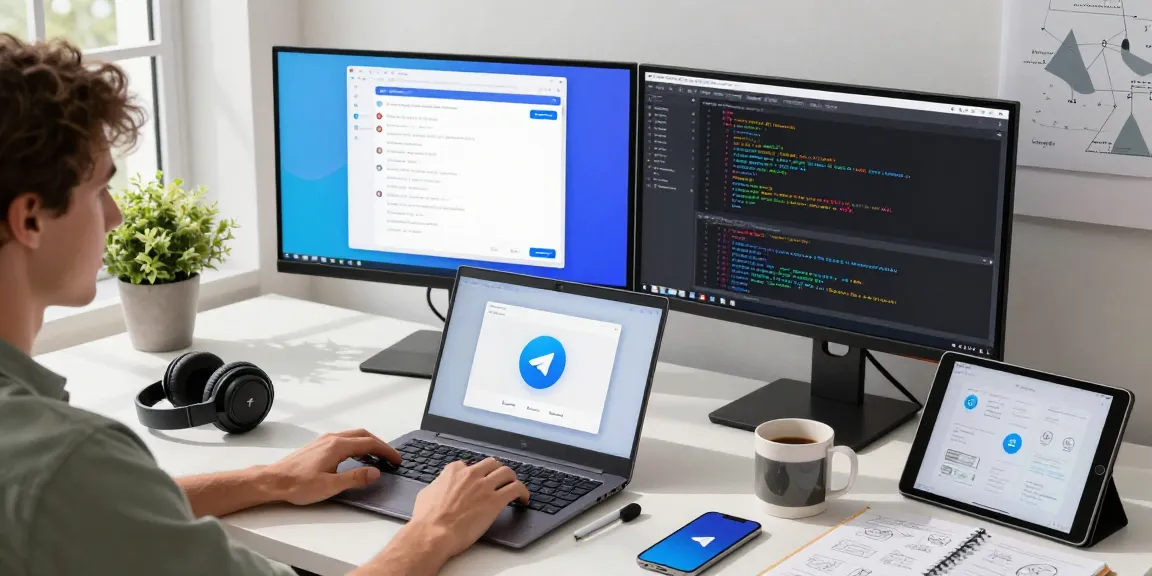 Collaborative workspace using Telegram网页版 on a laptop with vibrant chat interface and tech gadgets.