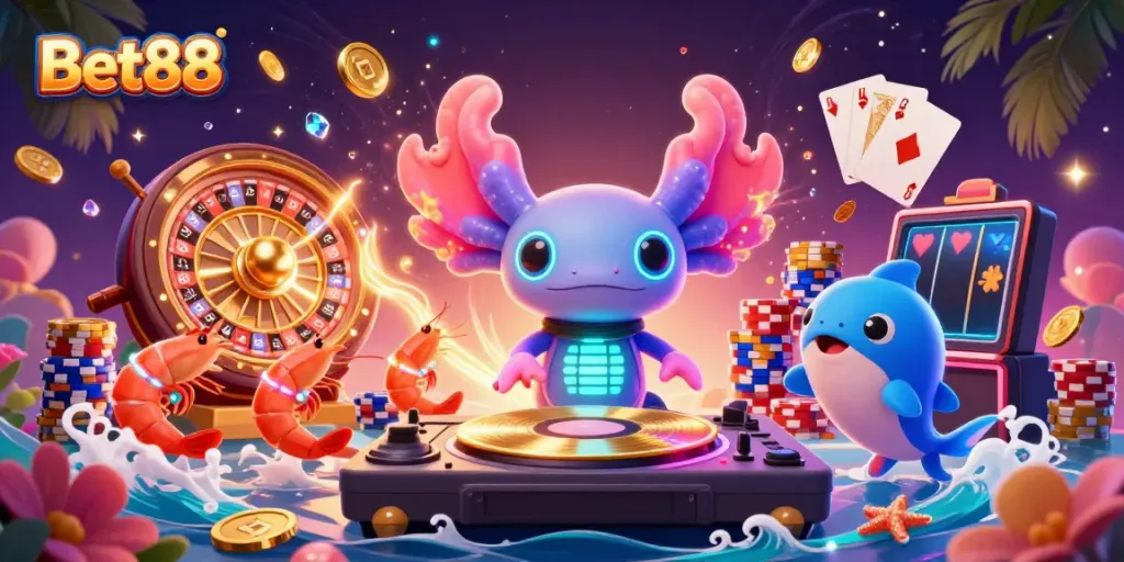 Experience excitement at Bet88 with colorful characters dancing amidst casino elements and golden coins.