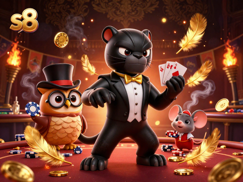 Experience thrilling gameplay at s8 with a stylish panther dealer, owl, and mouse in a vibrant casino.