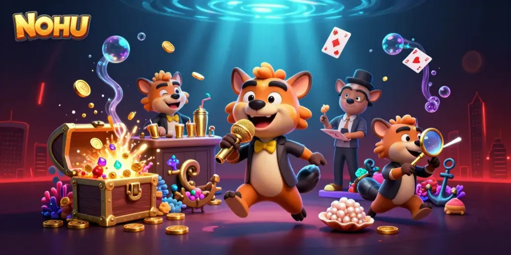 NOHU hyena casino scene with vibrant colors and dynamic gaming elements in a 3D world