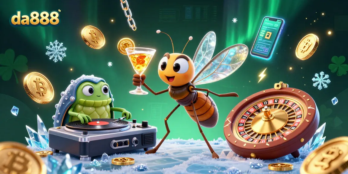da888 showcases a vibrant casino scene with crypto elements and a mascot in an engaging 3D illustration.
