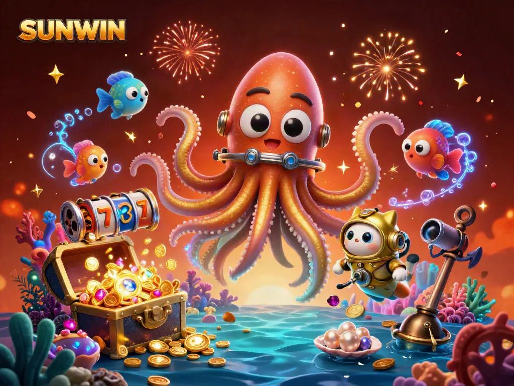 Participate in SUNWIN slots with characters amidst treasure and vibrant underwater elements.