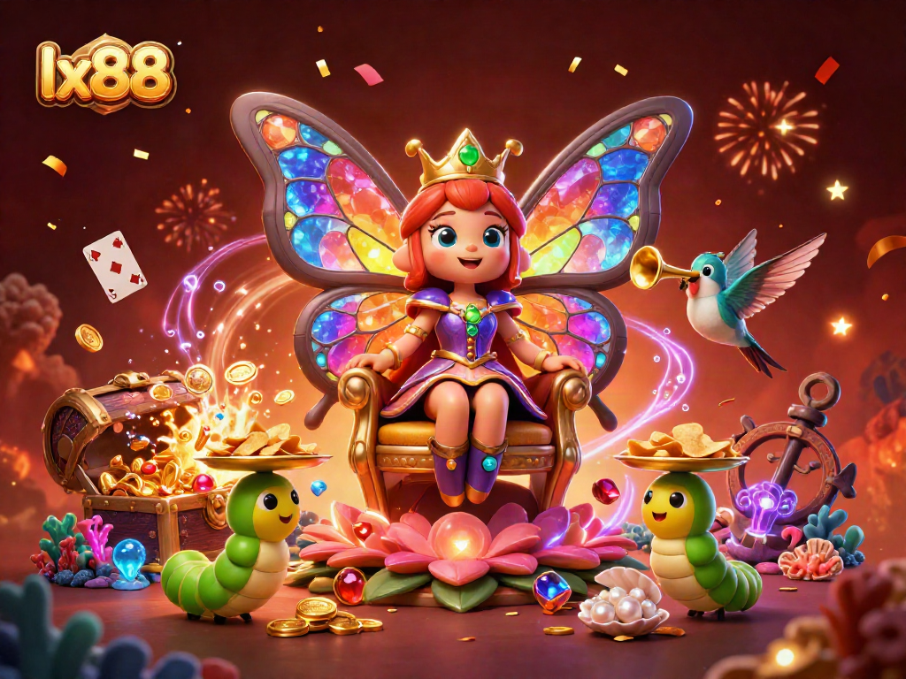 Experience the vibrant lx88 casino magic with a butterfly queen and treasures in an enchanting scene.