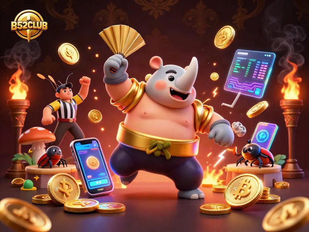 B52CLUB showcases a colorful casino scene with a beetle sumo champion and crypto elements.