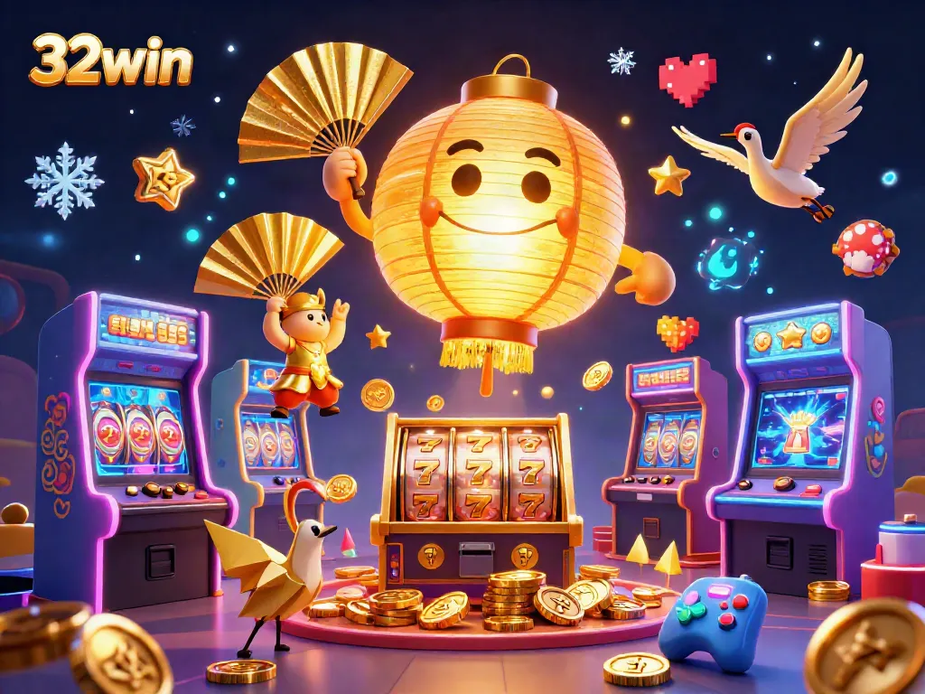 Experience the magic of 32win with golden lantern spirits and vibrant slot machines in this thrilling casino scene.
