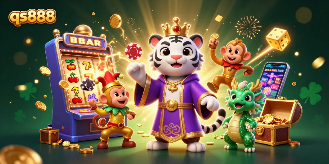 Win big with qs888 at the animated casino featuring a majestic tiger, playful monkey, and jade dragon.