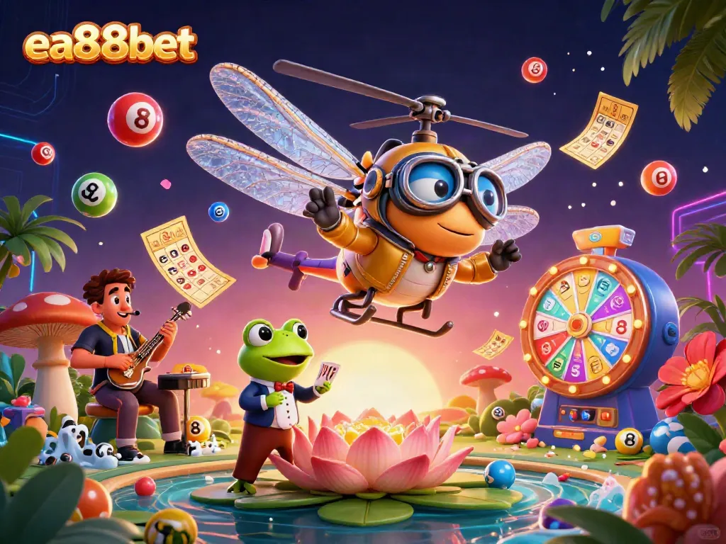 Engage in the thrilling world of ea88bet with a lively casino scene featuring a dragonfly pilot and a frog croupier.