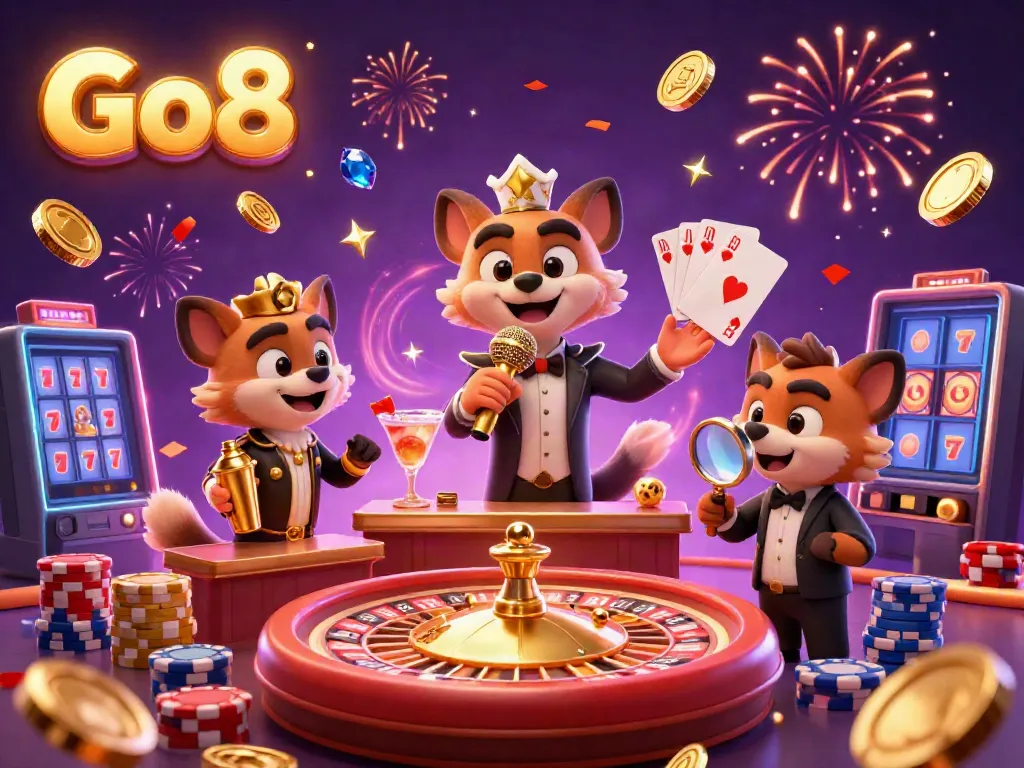 Experience the excitement of Go8 as hyenas engage in casino fun with a comedian, bartender, and bouncer in a lively setting.